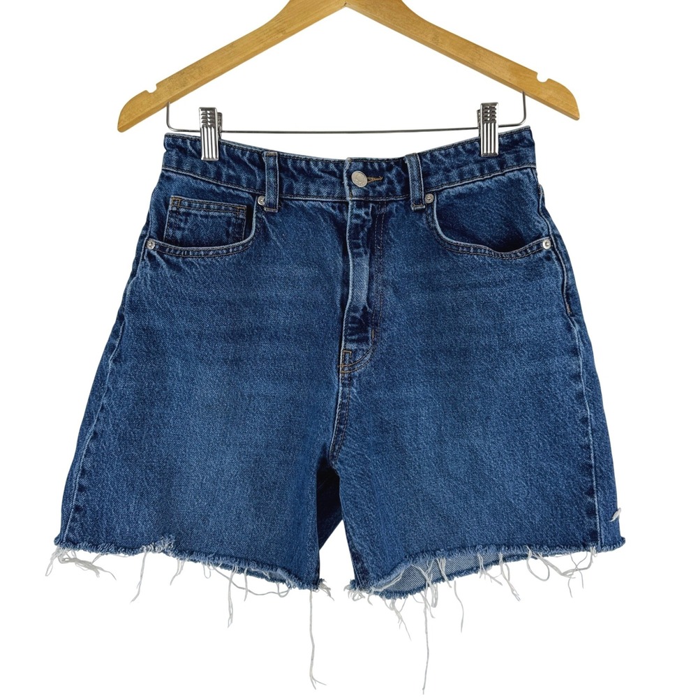 H M Denim Cutoff Shorts Blue High Rise Frayed Hem Women's Size 6 Minimalist